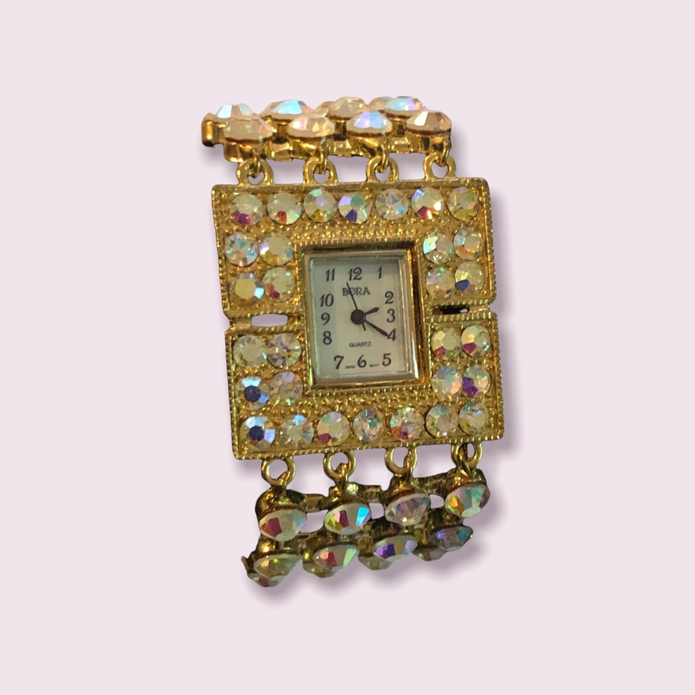 Vintage Bora Quartz Watch Square Face w Individually set Rhinestones Gold Links - Picture 4 of 12